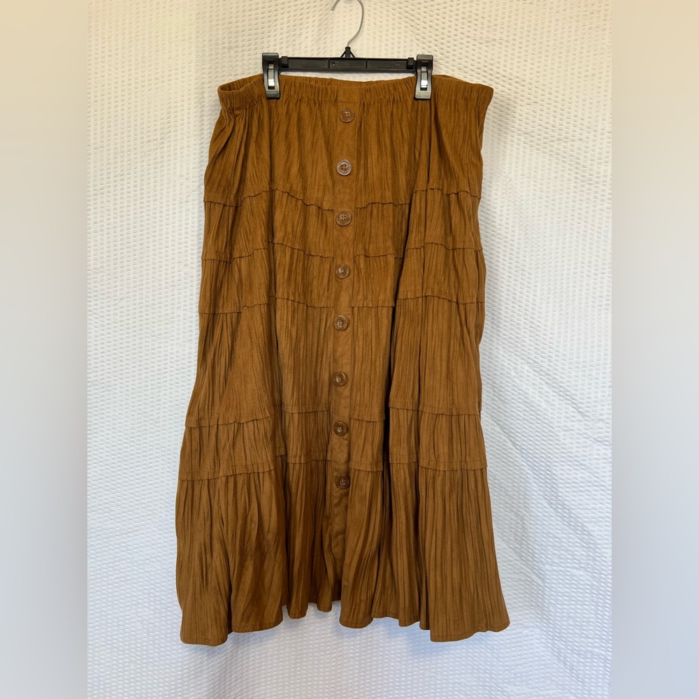Woman Within Tiered Button-Front Suede A-Line Brown Skirt